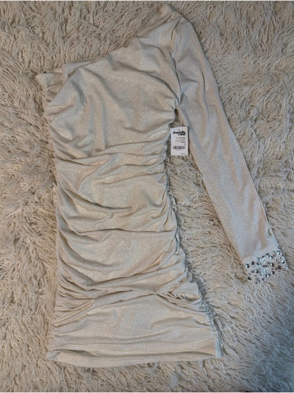Charlotte Russe One-Shoulder Sparkle Cream Dress with Embellished Cuff